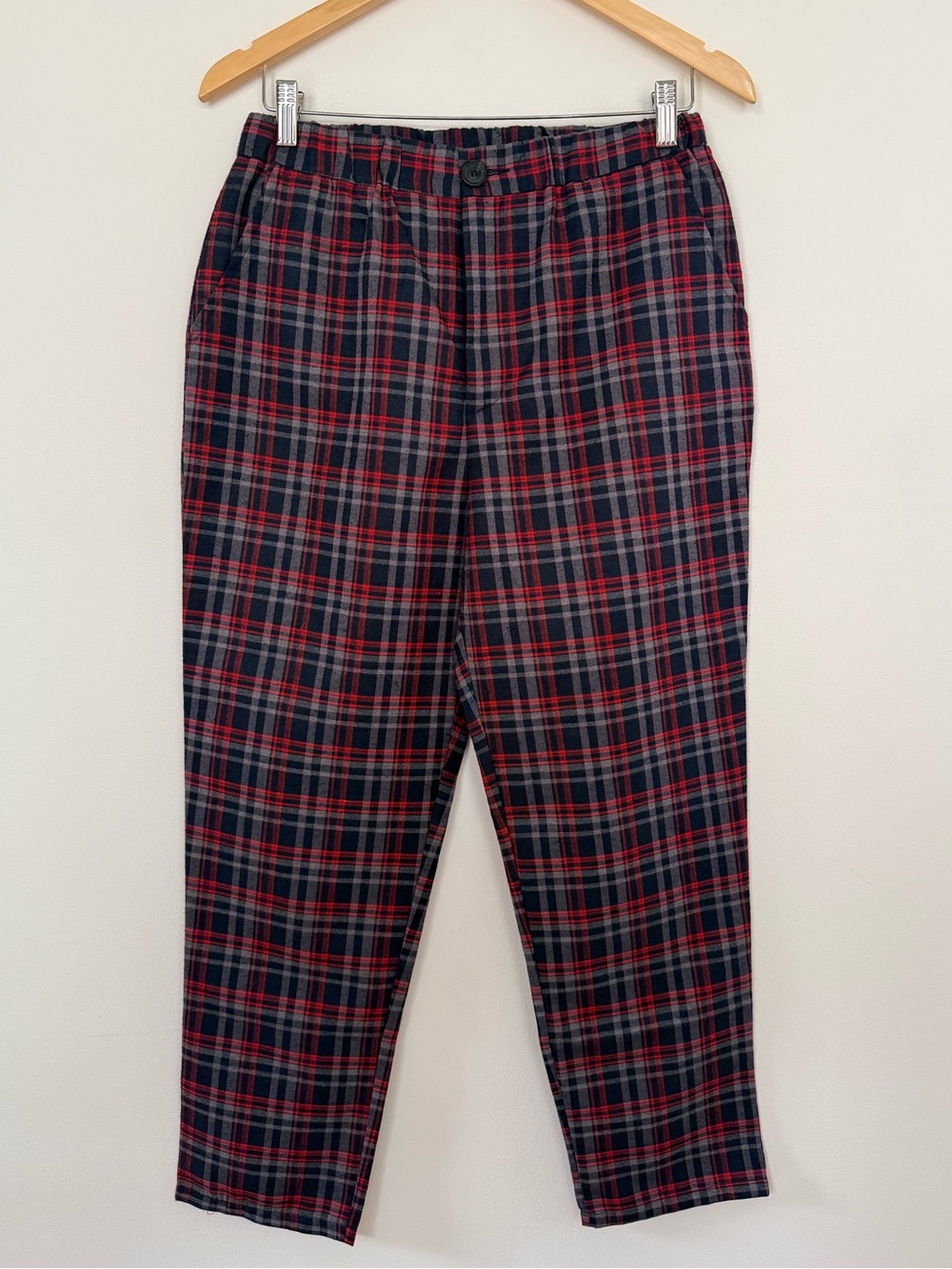 Preppy Plaid Trousers Cropped Red Navy Tartan Y2K Retro Streetwear Grunge Size M